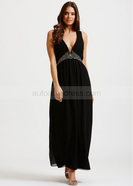 Black Chiffon Beads V Neckline Long Prom Dress